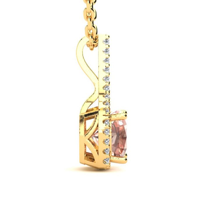 2 Carat Cushion Shape Morganite Necklace with Diamond Halo In 14 Karat Yellow Gold With 18 Inch Chain