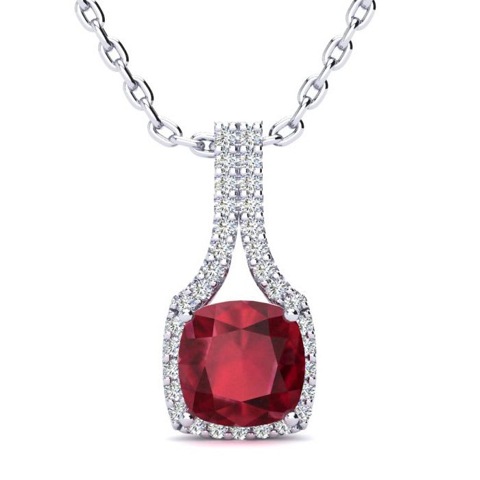 2 Carat Cushion Cut Ruby and Classic Halo Diamond Necklace In 14 Karat White Gold, 18 Inches