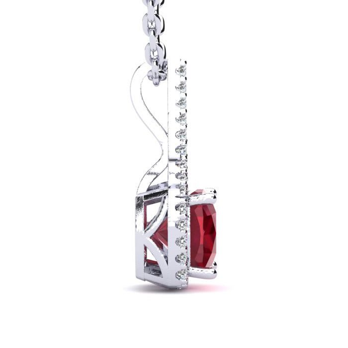 2 Carat Cushion Cut Ruby and Classic Halo Diamond Necklace In 14 Karat White Gold, 18 Inches