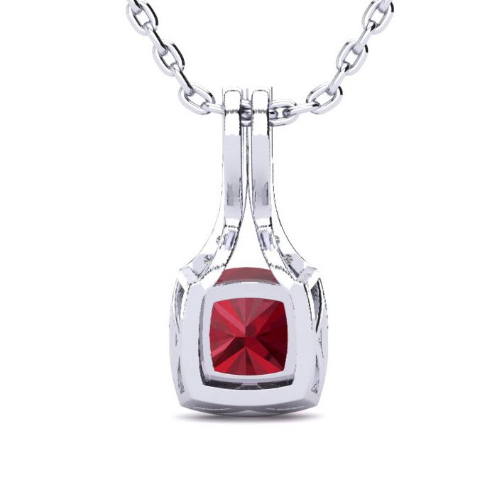 2 Carat Cushion Cut Ruby and Classic Halo Diamond Necklace In 14 Karat White Gold, 18 Inches