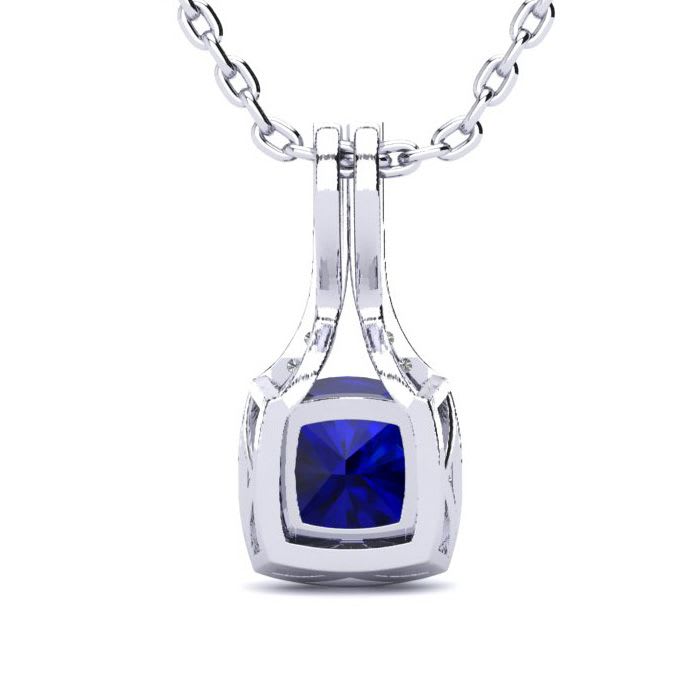 2 Carat Cushion Cut Sapphire and Classic Halo Diamond Necklace In 14 Karat White Gold, 18 Inches