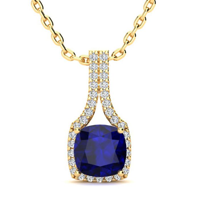 2 Carat Cushion Cut Sapphire and Classic Halo Diamond Necklace In 14 Karat Yellow Gold, 18 Inches
