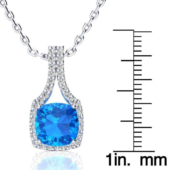 3 Carat Cushion Cut Blue Topaz and Classic Halo Diamond Necklace In 14 Karat White Gold, 18 Inches