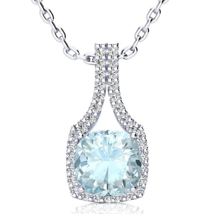 Aquamarine Necklace: Aquamarine Jewelry: 2 1/2 Carat Cushion Cut Aquamarine and Classic Halo Diamond Necklace In 14 Karat White Gold, 18 Inches