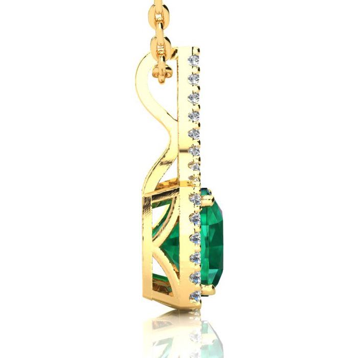 2-1/2 Carat Cushion Shape Emerald Necklaces With Diamond Halo In 14 Karat Yellow Gold, 18 Inch Chain