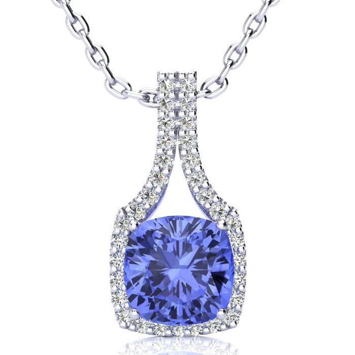 3 Carat Cushion Cut Tanzanite and Classic Halo Diamond Necklace In 14 Karat White Gold, 18 Inches