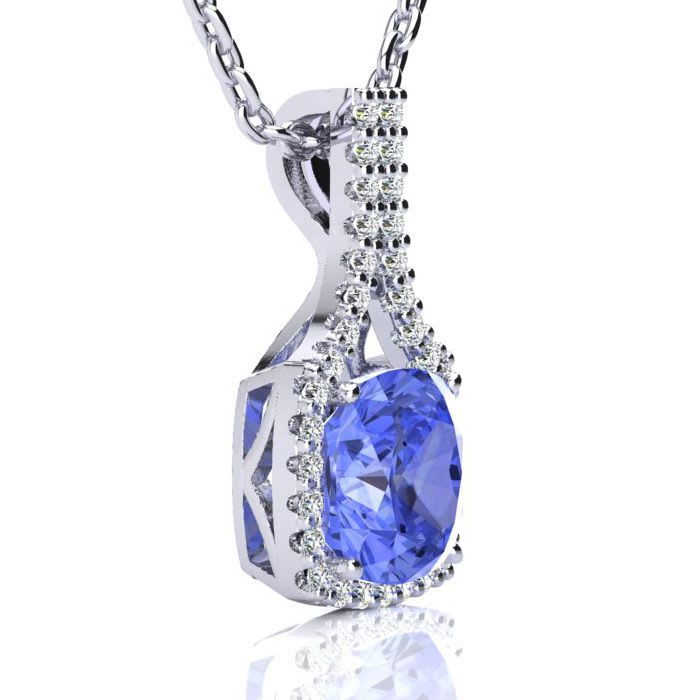 3 Carat Cushion Cut Tanzanite and Classic Halo Diamond Necklace In 14 Karat White Gold, 18 Inches