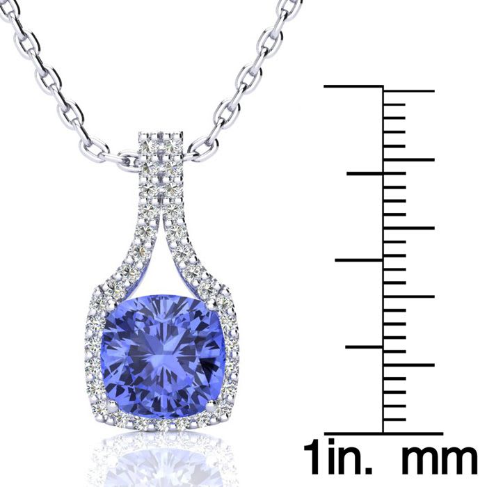 3 Carat Cushion Cut Tanzanite and Classic Halo Diamond Necklace In 14 Karat White Gold, 18 Inches