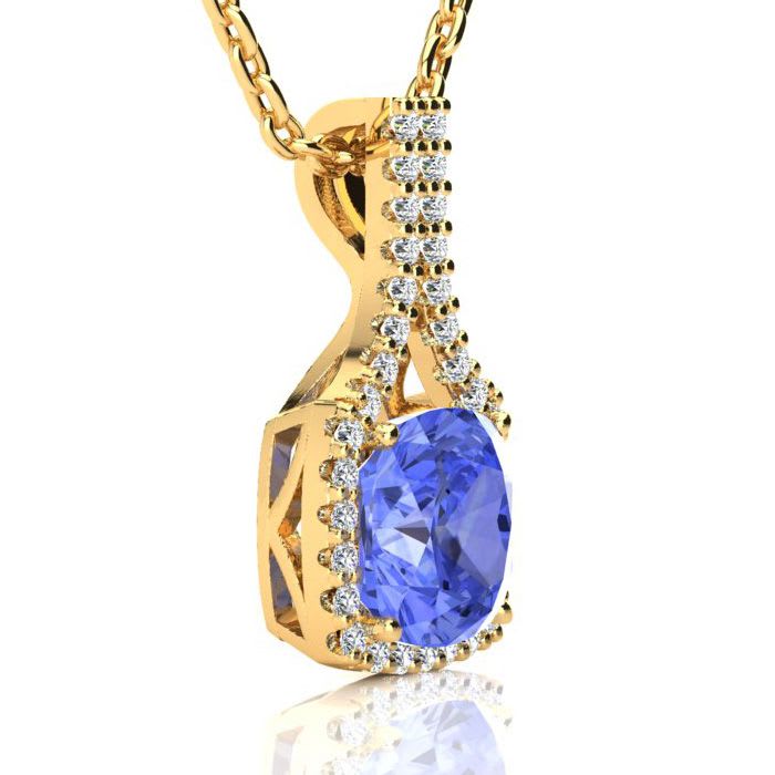 3 Carat Cushion Cut Tanzanite and Classic Halo Diamond Necklace In 14 Karat Yellow Gold, 18 Inches