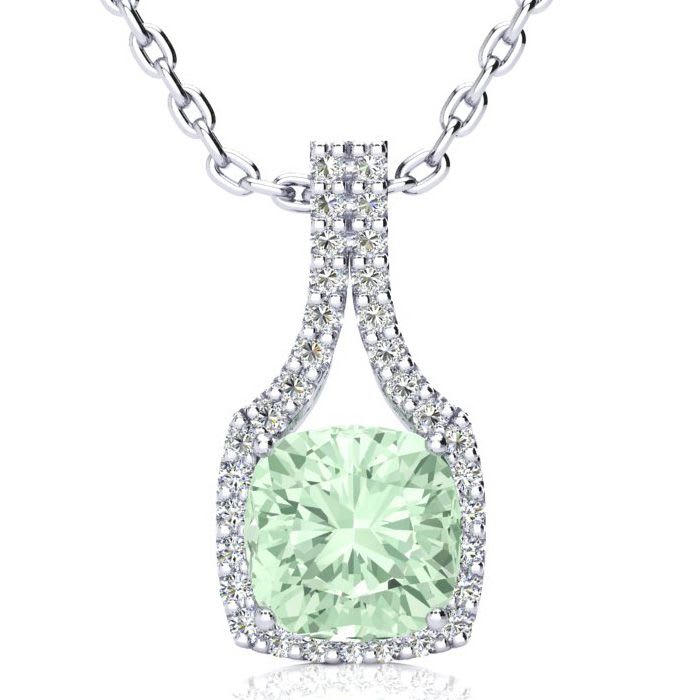 2 1/2 Carat Cushion Cut Green Amethyst and Classic Halo Diamond Necklace In 14 Karat White Gold, 18 Inches