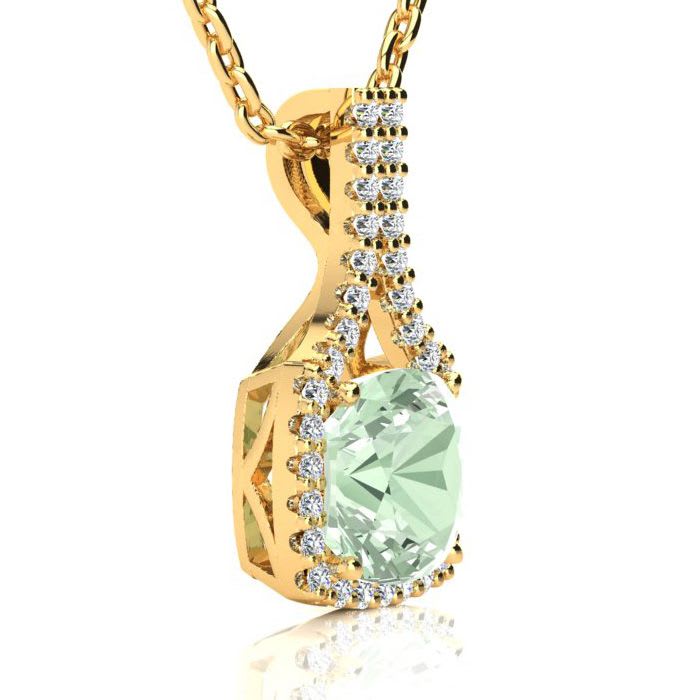 2 1/2 Carat Cushion Cut Green Amethyst and Classic Halo Diamond Necklace In 14 Karat Yellow Gold, 18 Inches