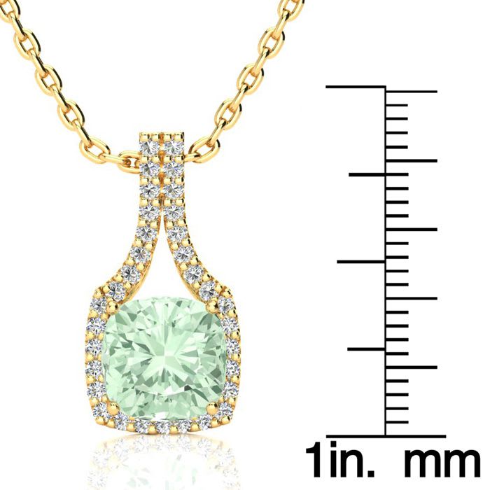 2 1/2 Carat Cushion Cut Green Amethyst and Classic Halo Diamond Necklace In 14 Karat Yellow Gold, 18 Inches