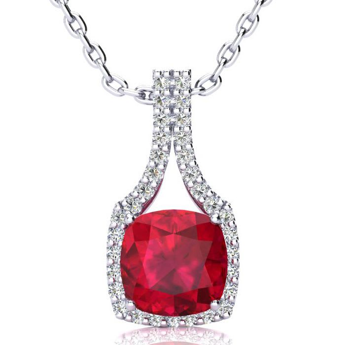 3 1/2 Carat Cushion Cut Ruby and Classic Halo Diamond Necklace In 14 Karat White Gold, 18 Inches