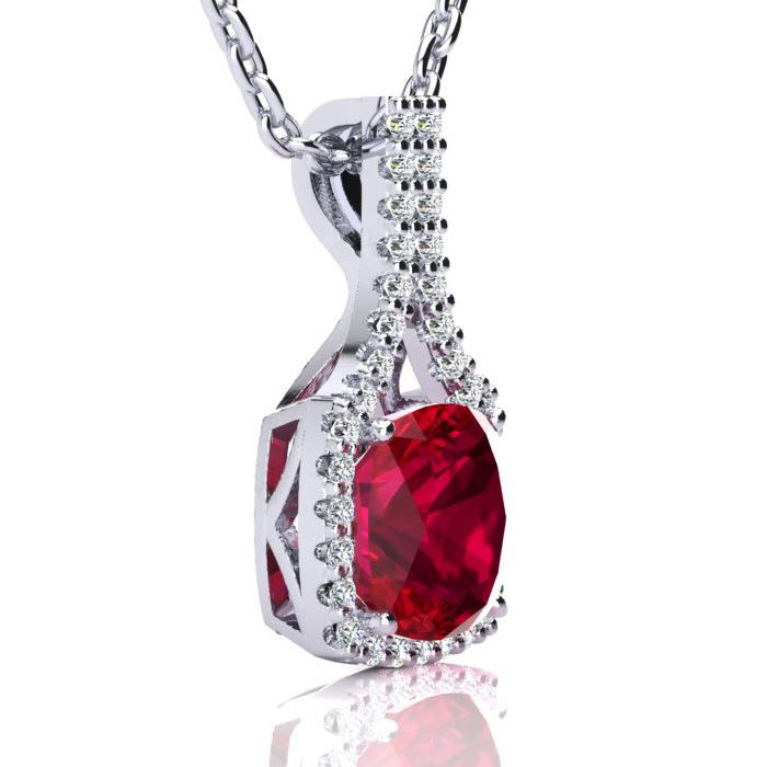3 1/2 Carat Cushion Cut Ruby and Classic Halo Diamond Necklace In 14 Karat White Gold, 18 Inches