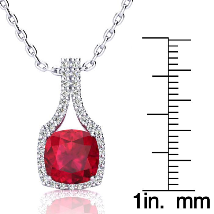 3 1/2 Carat Cushion Cut Ruby and Classic Halo Diamond Necklace In 14 Karat White Gold, 18 Inches
