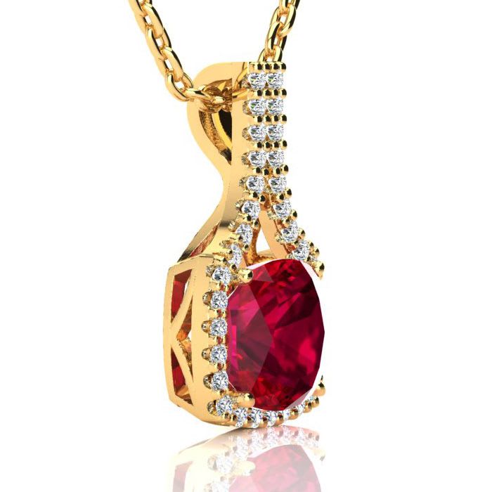 3 1/2 Carat Cushion Cut Ruby and Classic Halo Diamond Necklace In 14 Karat Yellow Gold, 18 Inches