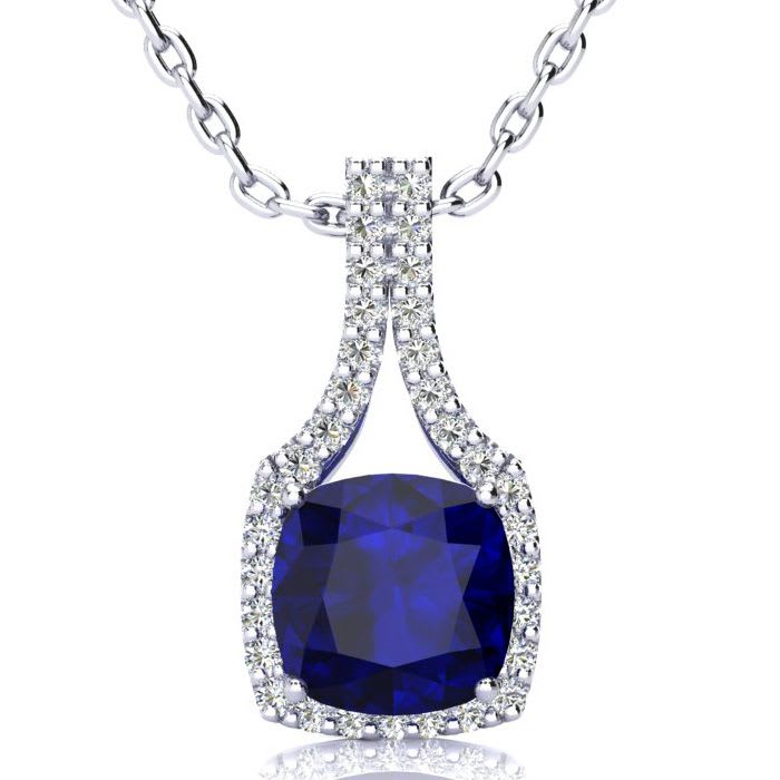 3 1/2 Carat Cushion Cut Sapphire and Classic Halo Diamond Necklace In 14 Karat White Gold, 18 Inches