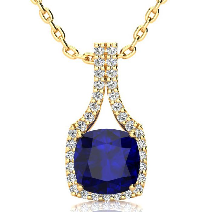 3 1/2 Carat Cushion Cut Sapphire and Classic Halo Diamond Necklace In 14 Karat Yellow Gold, 18 Inches