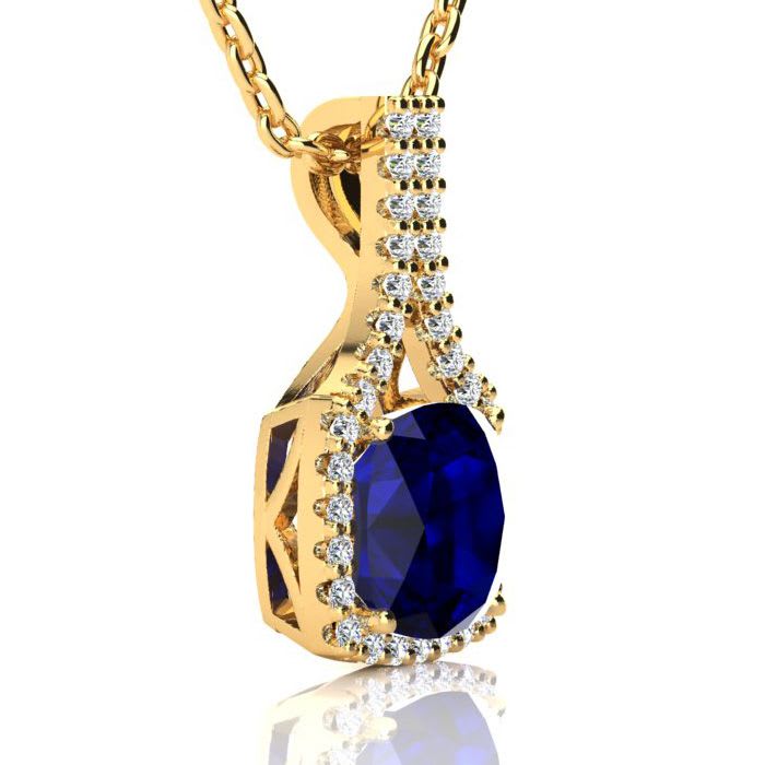 3 1/2 Carat Cushion Cut Sapphire and Classic Halo Diamond Necklace In 14 Karat Yellow Gold, 18 Inches