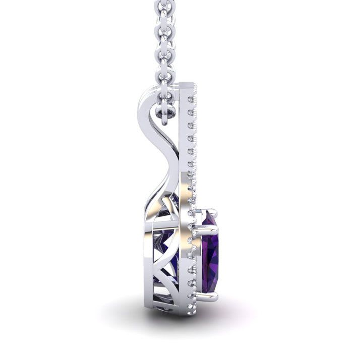 1 1/4 Carat Oval Shape Amethyst and Halo Diamond Necklace In 14 Karat White Gold, 18 Inches