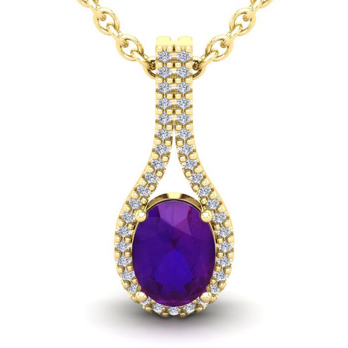 1 1/4 Carat Oval Shape Amethyst and Halo Diamond Necklace In 14 Karat Yellow Gold, 18 Inches