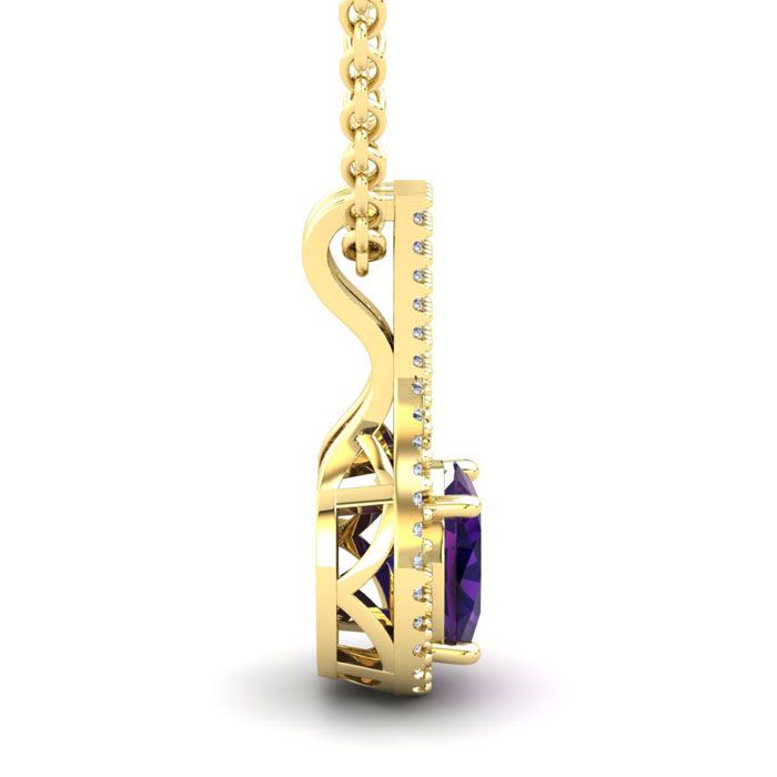 1 1/4 Carat Oval Shape Amethyst and Halo Diamond Necklace In 14 Karat Yellow Gold, 18 Inches