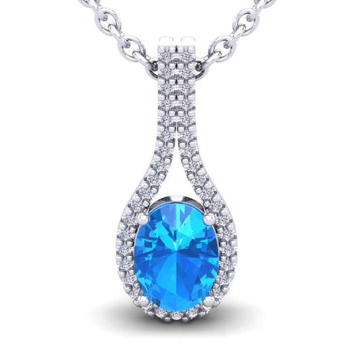 1 3/4 Carat Oval Shape Blue Topaz and Halo Diamond Necklace In 14 Karat White Gold, 18 Inches