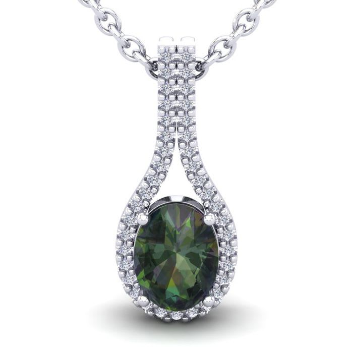 1-1/4 Carat Oval Shape Mystic Topaz Necklace With Diamond Halo 14 Karat White Gold, 18 Inches