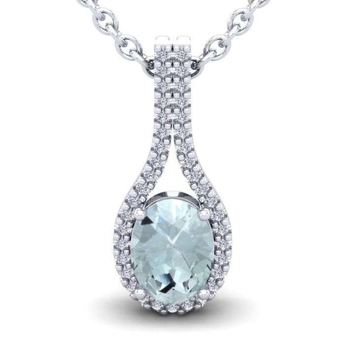 Aquamarine Necklace: Aquamarine Jewelry: 1 1/3 Carat Oval Shape Aquamarine and Halo Diamond Necklace In 14 Karat White Gold, 18 Inches
