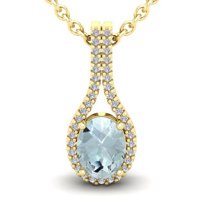 Aquamarine Necklace: Aquamarine Jewelry: 1 1/3 Carat Oval Shape Aquamarine and Halo Diamond Necklace In 14 Karat Yellow Gold, 18 Inches
