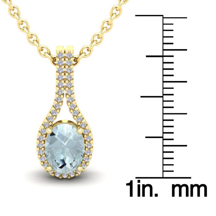 Aquamarine Necklace: Aquamarine Jewelry: 1 1/3 Carat Oval Shape Aquamarine and Halo Diamond Necklace In 14 Karat Yellow Gold, 18 Inches
