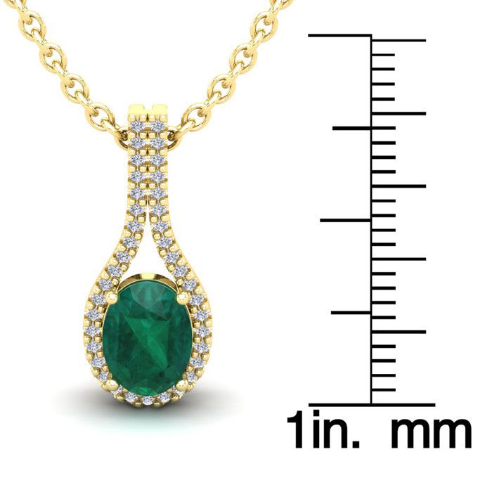 1-1/3 Carat Oval Shape Emerald Necklaces With Diamond Halo In 14 Karat Yellow Gold, 18 Inch Chain