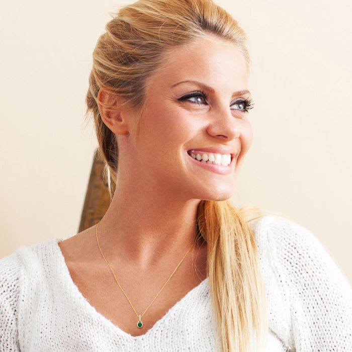 1-1/3 Carat Oval Shape Emerald Necklaces With Diamond Halo In 14 Karat Yellow Gold, 18 Inch Chain