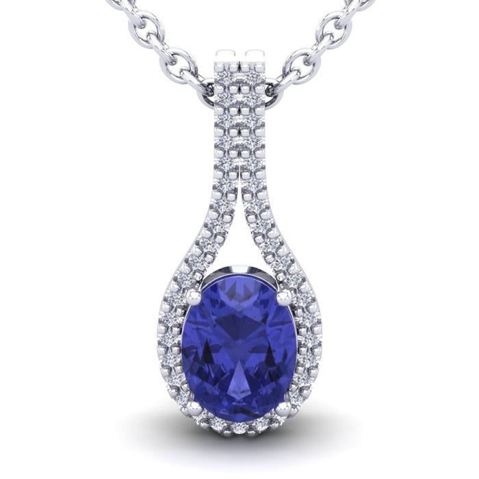 1 1/2 Carat Oval Shape Tanzanite and Halo Diamond Necklace In 14 Karat White Gold, 18 Inches