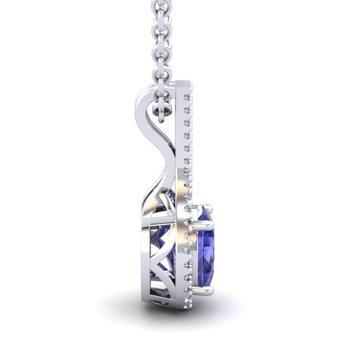 1 1/2 Carat Oval Shape Tanzanite and Halo Diamond Necklace In 14 Karat White Gold, 18 Inches