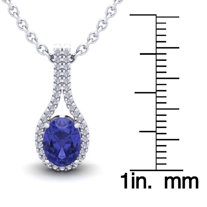 1 1/2 Carat Oval Shape Tanzanite and Halo Diamond Necklace In 14 Karat White Gold, 18 Inches