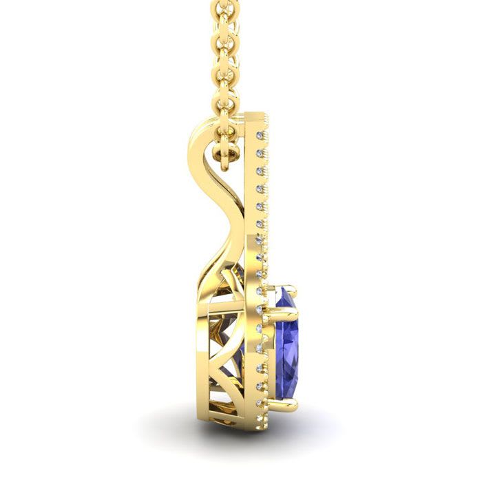1 1/2 Carat Oval Shape Tanzanite and Halo Diamond Necklace In 14 Karat Yellow Gold, 18 Inches