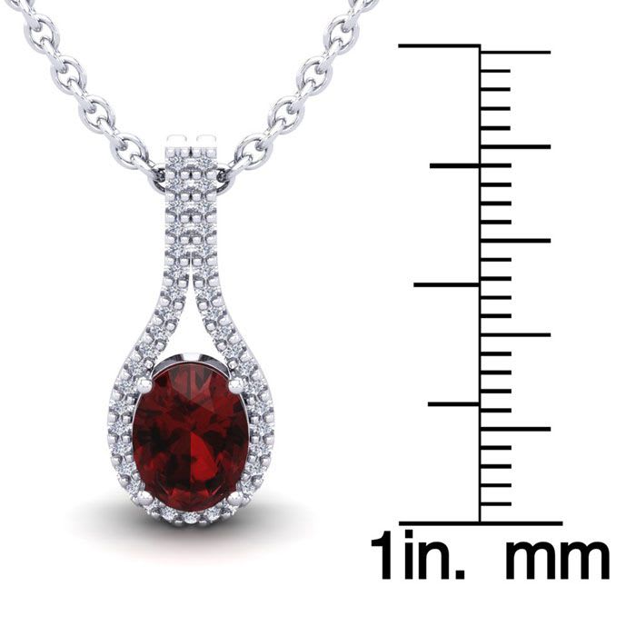 Garnet Necklace: Garnet Jewelry: 1 3/4 Carat Oval Shape Garnet and Halo Diamond Necklace In 14 Karat White Gold, 18 Inches