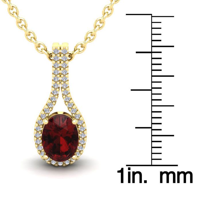 Garnet Necklace: Garnet Jewelry: 1 3/4 Carat Oval Shape Garnet and Halo Diamond Necklace In 14 Karat Yellow Gold, 18 Inches