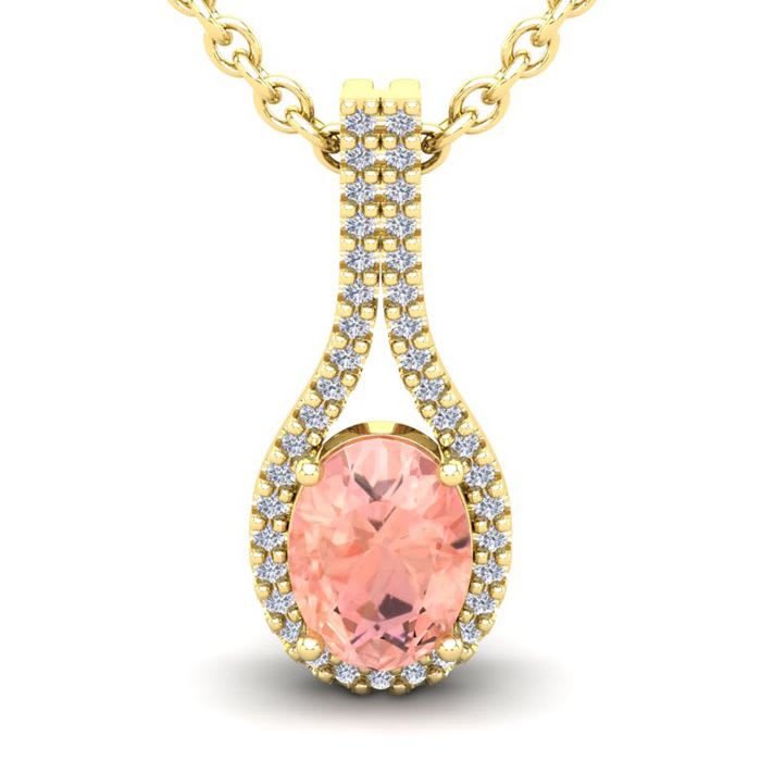 1-1/3 Carat Oval Shape Morganite Necklace with Diamond Halo In 14 Karat Yellow Gold With 18 Inch Chain