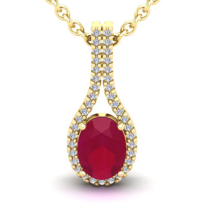 1 3/4 Carat Oval Shape Ruby and Halo Diamond Necklace In 14 Karat Yellow Gold, 18 Inches