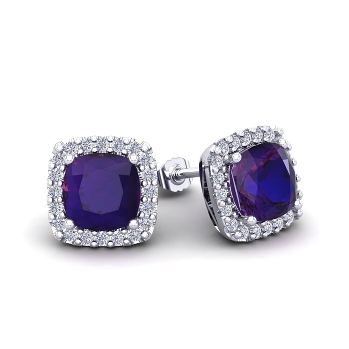 2 Carat Cushion Cut Amethyst and Halo Diamond Stud Earrings In 14 Karat White Gold