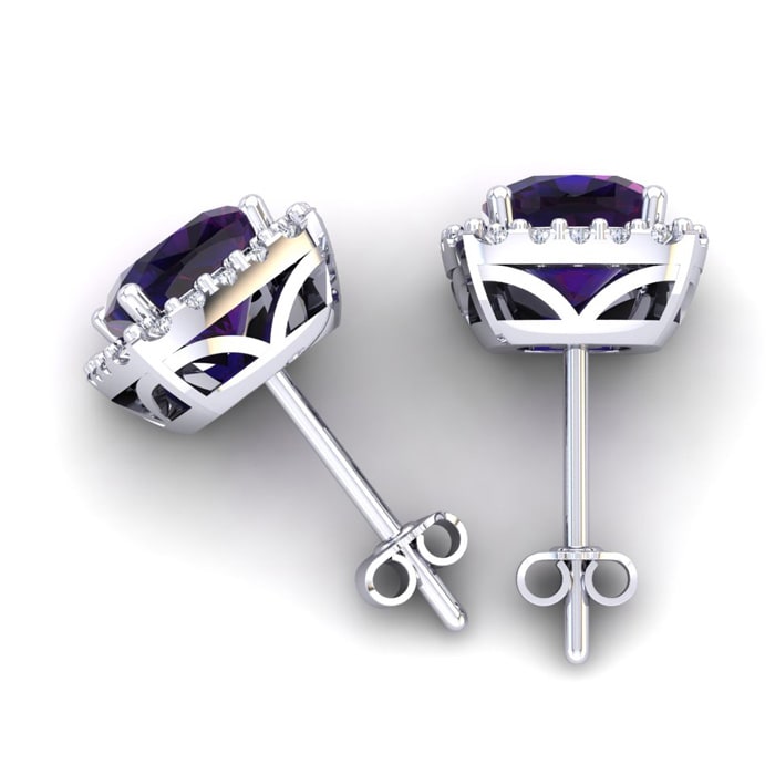 2 Carat Cushion Cut Amethyst and Halo Diamond Stud Earrings In 14 Karat White Gold