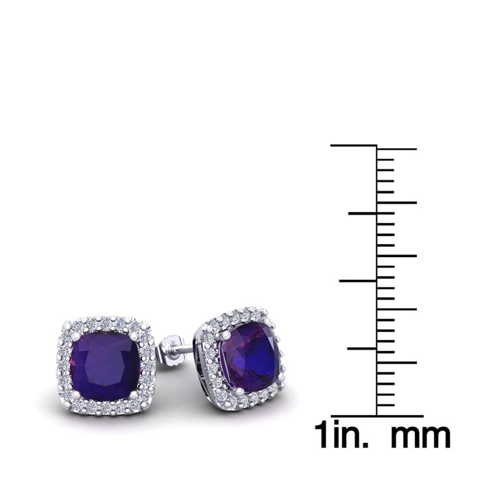 2 Carat Cushion Cut Amethyst and Halo Diamond Stud Earrings In 14 Karat White Gold
