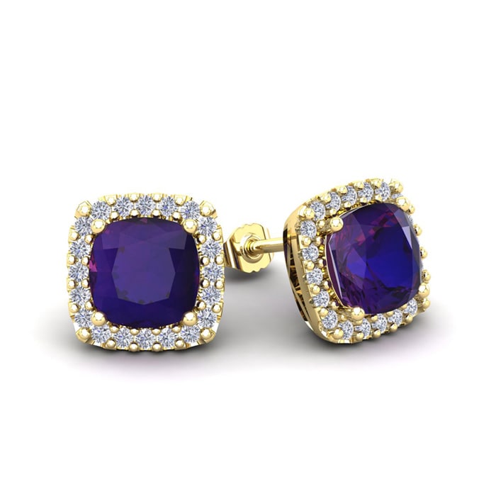2 Carat Cushion Cut Amethyst and Halo Diamond Stud Earrings In 14 Karat Yellow Gold