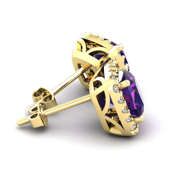 2 Carat Cushion Cut Amethyst and Halo Diamond Stud Earrings In 14 Karat Yellow Gold