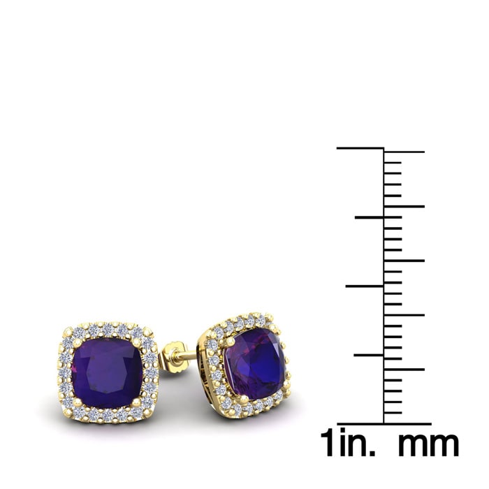 2 Carat Cushion Cut Amethyst and Halo Diamond Stud Earrings In 14 Karat Yellow Gold