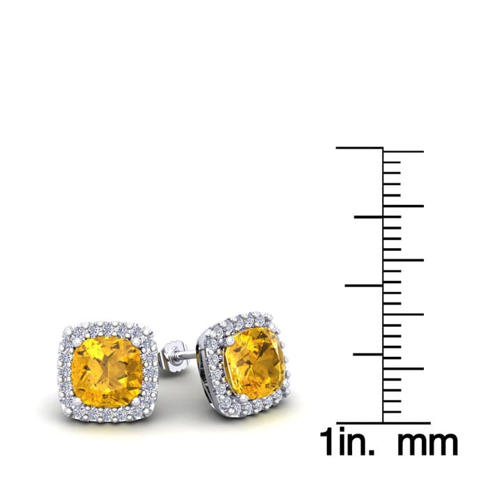 2 Carat Cushion Cut Citrine and Halo Diamond Stud Earrings In 14 Karat White Gold