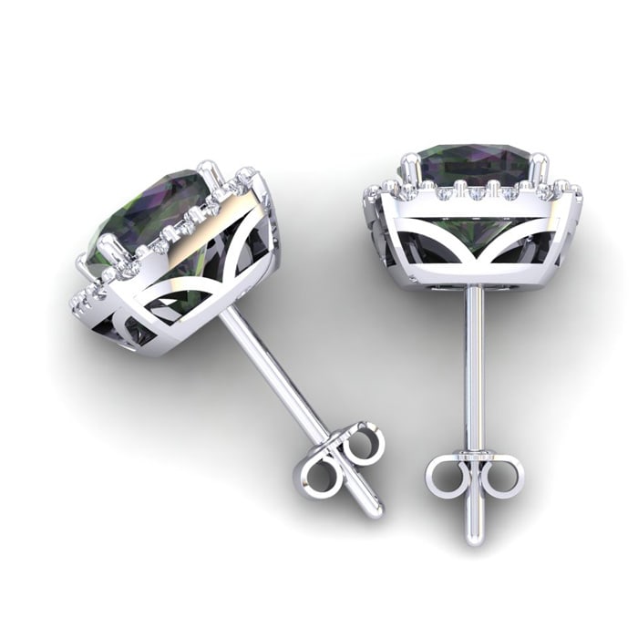2 1/2 Carat Cushion Cut Mystic Topaz and Halo Diamond Stud Earrings In 14 Karat White Gold