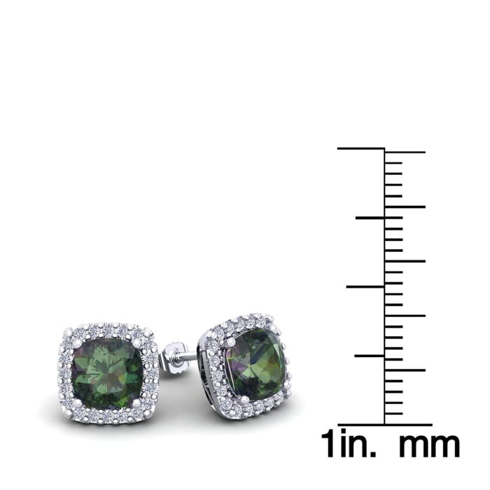 2 1/2 Carat Cushion Cut Mystic Topaz and Halo Diamond Stud Earrings In 14 Karat White Gold